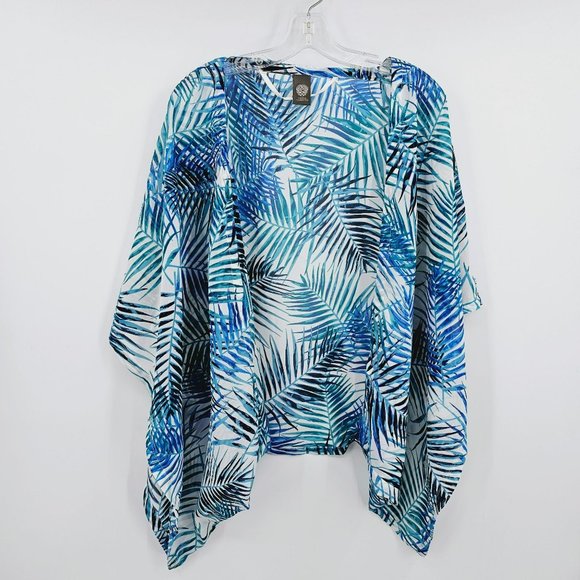 Vince Camuto One Size Swim Cover Blue Green White Tropical Leaf Print Semi Sheer - Picture 1 of 8